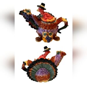 Rare Multicolor Thanksgiving Turkey Shaped Teapot Lid Hand Painted Vintage 90"